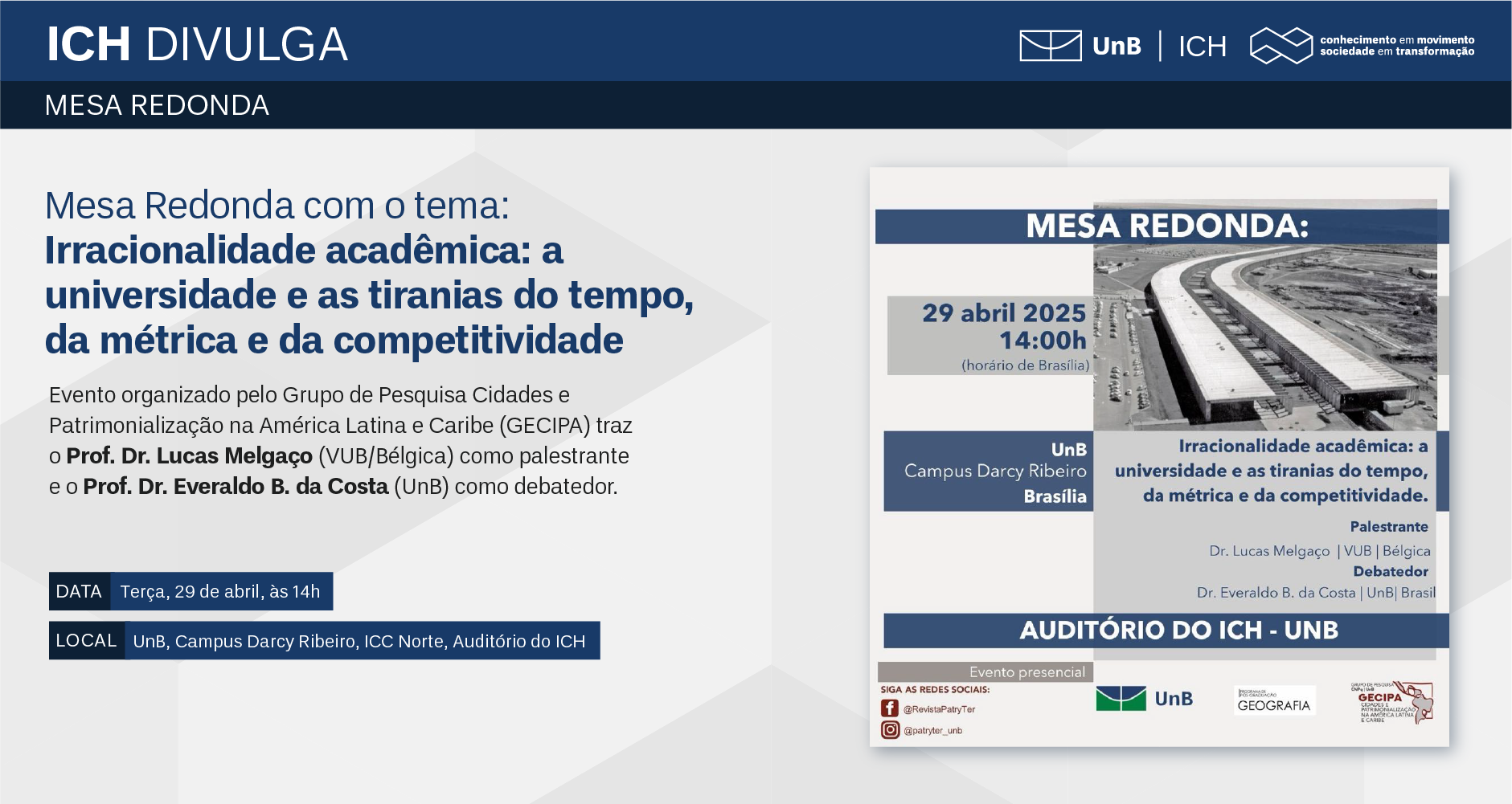 ICH divulga Mesa Redonda organizada pelo Grupo de Pesquisa GECIPA